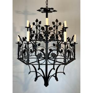 Large 12-light Wrought Iron Chandelier With Clovers And Foliage Decorations