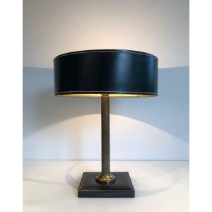 Black Leather And Brass Desk Lamp In The Style Of Jacques Adnet