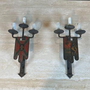 Large Pair Of Wrought Iron Wall Lights With 3 Arms In The Gothic Style