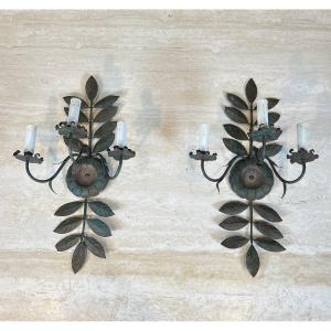 Pair Of Decorative Wall Sconces In Patinated Metal Depicting Sunflowers And Foliage. 