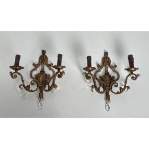 Pair Of Patinated Wrought Iron Wall Sconces With Gilded Acanthus Leaves And Crystals