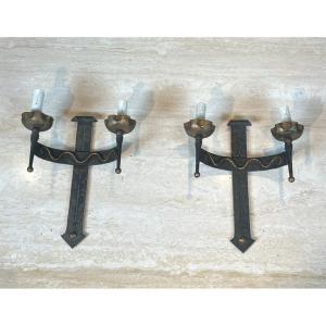 Pair Of Wrought Iron Wall Lights With Coat Of Arms And 2 Light Arms In The Gothic Style