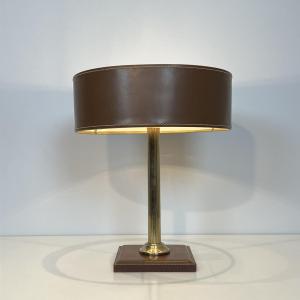 Brown Leather And Brass Desk Lamp In The Style Of Jacques Adnet