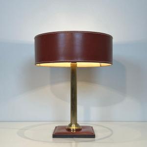 Red Leather And Brass Desk Lamp In The Style Of Jacques Adnet