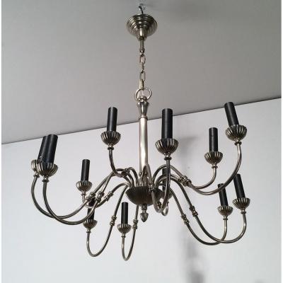 Neoclassical Style Silvered Metal Chandelier With 12 Lights . French. Circa 1940