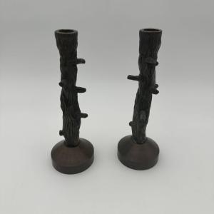 Pair Of Bronze Faux Bois Candlesticks – France, Circa 1970