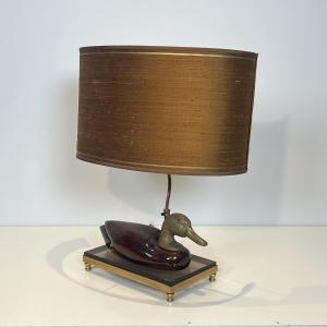 "duck" Desk Lamp In Wood, Metal And Brass, De Stijl Edition, 1970s.