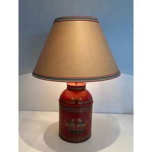 Red Painted Tole Lamp With Chinoiserie Decor, 20th Century.