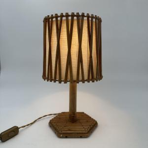 Rattan Table Lamp With Criss-cross Shade, Attributed To Louis Sognot, 1950s.