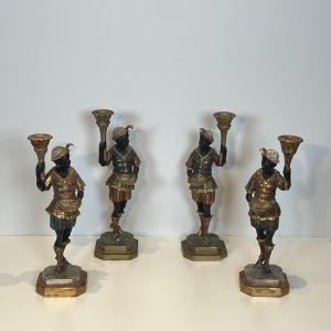 Set Of Four Small Polychrome Torchiere Sculptures, Venetian Style, Circa 1920