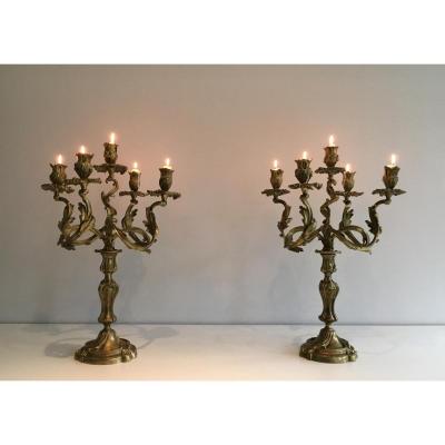 Pair Of Candlesticks In Bronze 5 Arm Of Light. Around 1900