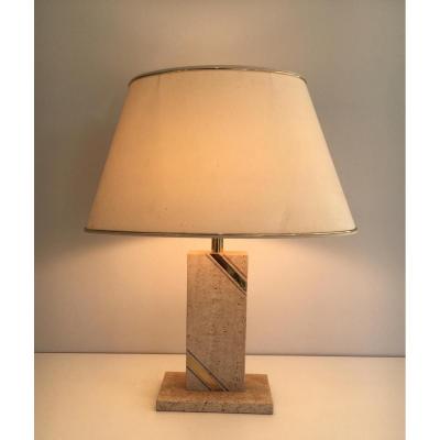 Lamp In Travertine And Inlay Brass