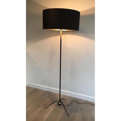 Lamppost Floor Metal Lacquered Black And Brass. Around 1950