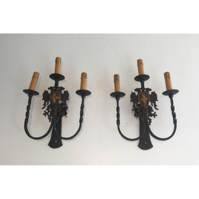 Pair Of Important Wrought Iron Wall Sconces. Around 1950