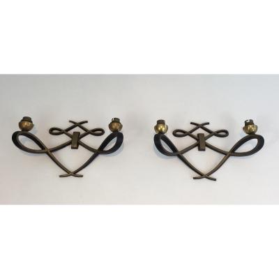 Pair Of Design Wall Lamps In Black Lacquered Metal And Brass. Around 1950