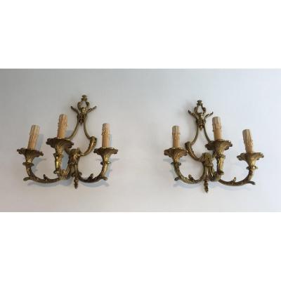 Pair Of Large Louis The 15th Style 3 Lights Bronze Sconces. French. Circa 1960