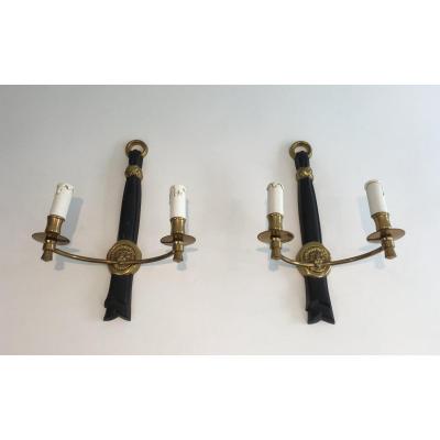 Pair Of Bronze And Black Lacquered Sconces With Lion Heads. French. Circa 1970