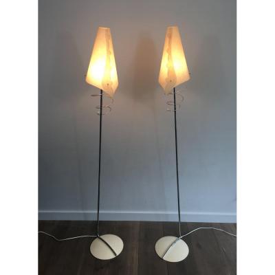 Pair Of Design Floor Lamps In Chrome, With White Lacquered Bases & Design White Plastic Shades