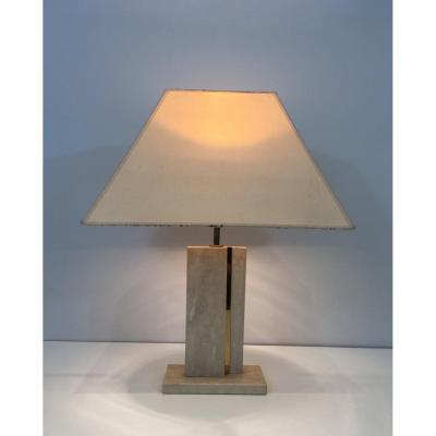 Travertine And Brass Table Lamp With Original Shade. French. Circa 1970