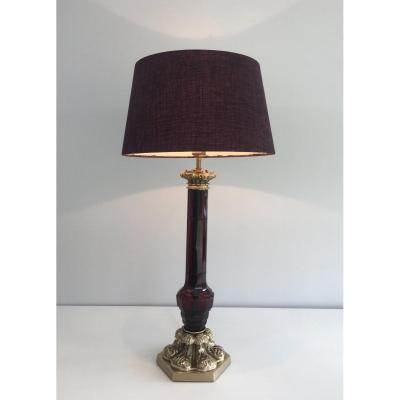 Attributed To Cristal & Bronze Paris. Tall Red Crystal And Chiseled Bronze Table Lamp. French. 