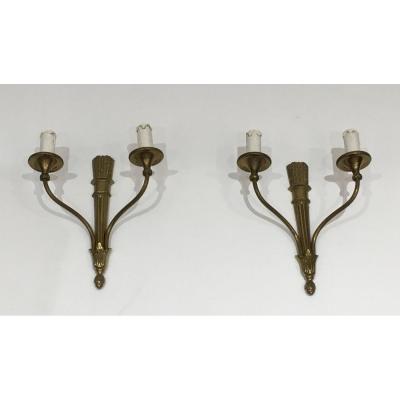 Louis The 16th Style Pair Of Bronze Wall Lights With Quiver. French Work. Circa 1960