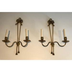 Pair Of Louis The 16th Style Bronze Wall Lights With Ribbons. French. Circa 1950