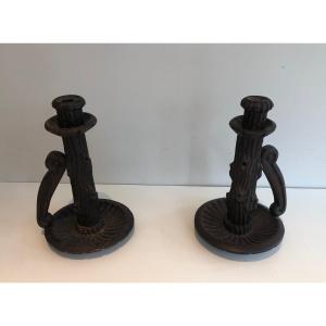 Pair Of Brutalist Candle Holders Made Of Carved Wood. French. Circa 1950