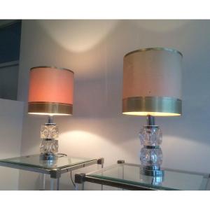 Pair Of Glass And Chrome Table Lamps. Circa 1970
