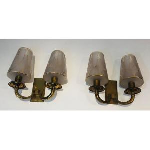 Pair Of Art Deco Brass Wall Lights. French Work In The Style Of Perzel. Circa 1930