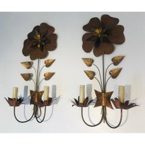 Important Pair Of Brass Flower Wall Lights. French Work. Circa 1970