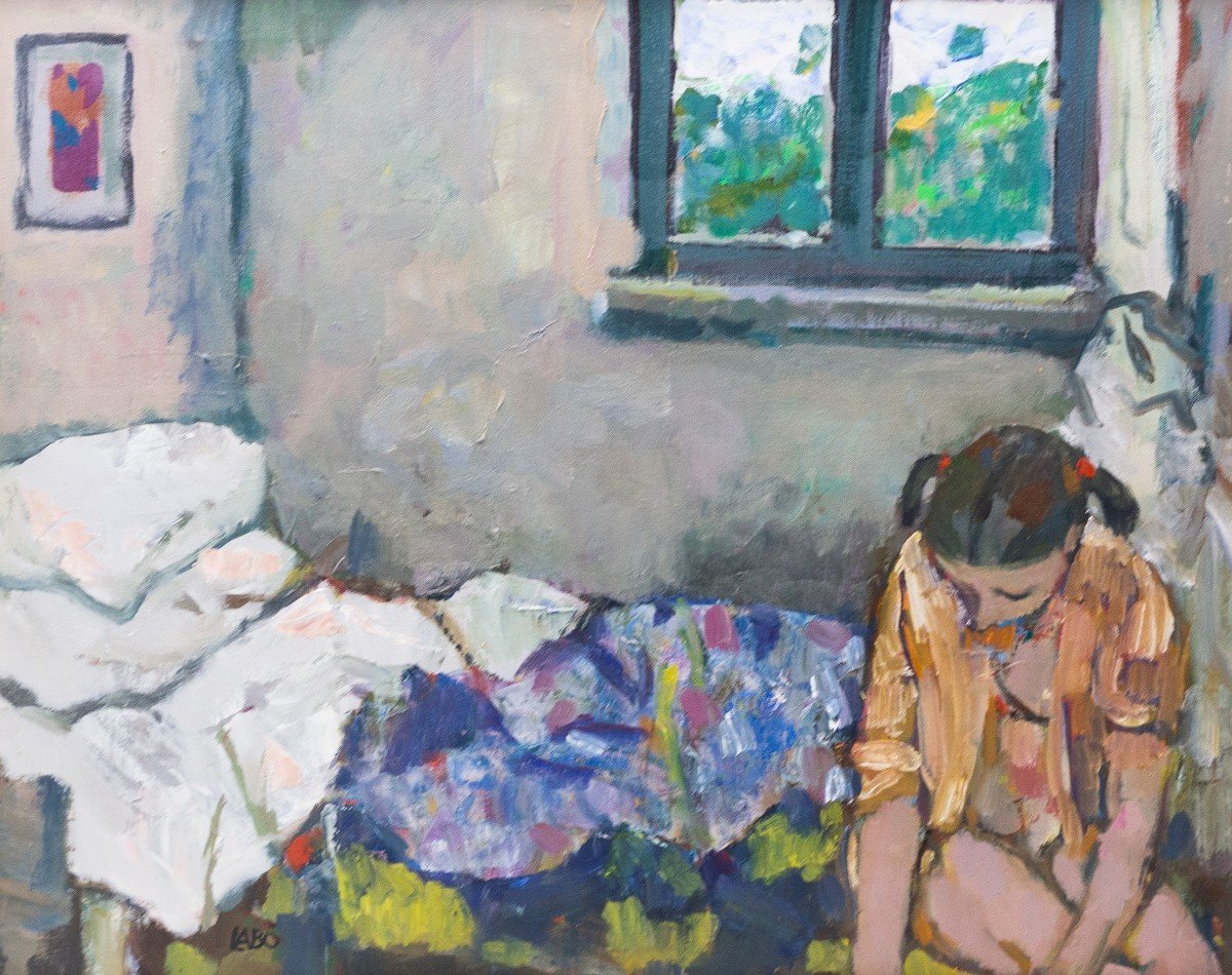 Dipinto olio su tela, "Interno", di Savino Labò, 1968