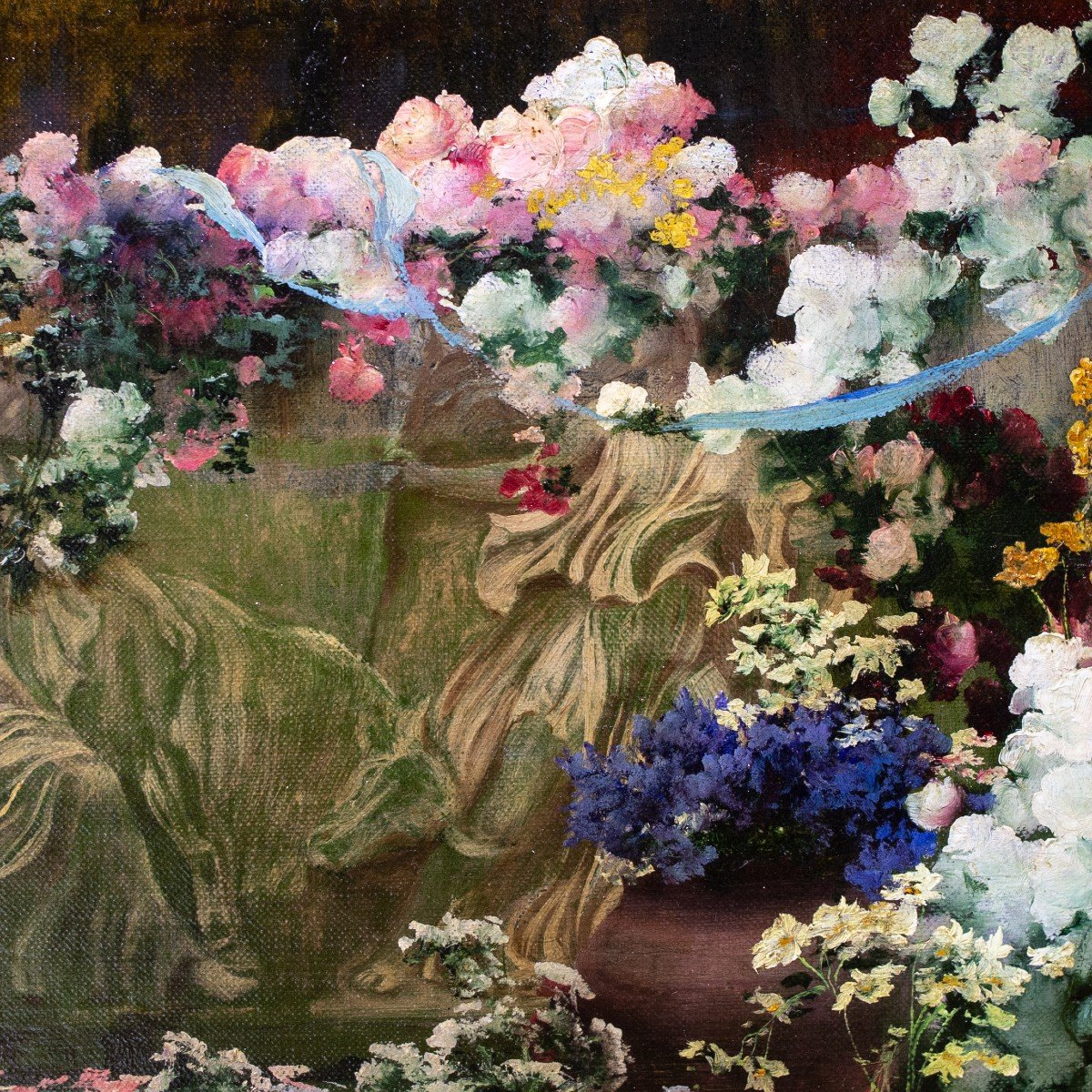 Dipinto olio su tela, "Giardino Romantico", di Enrique Serra, firmato, Fine '800-photo-2