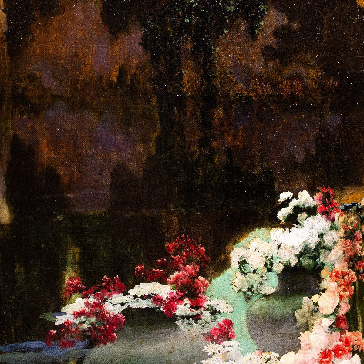Dipinto olio su tela, "Giardino Romantico", di Enrique Serra, firmato, Fine '800-photo-2