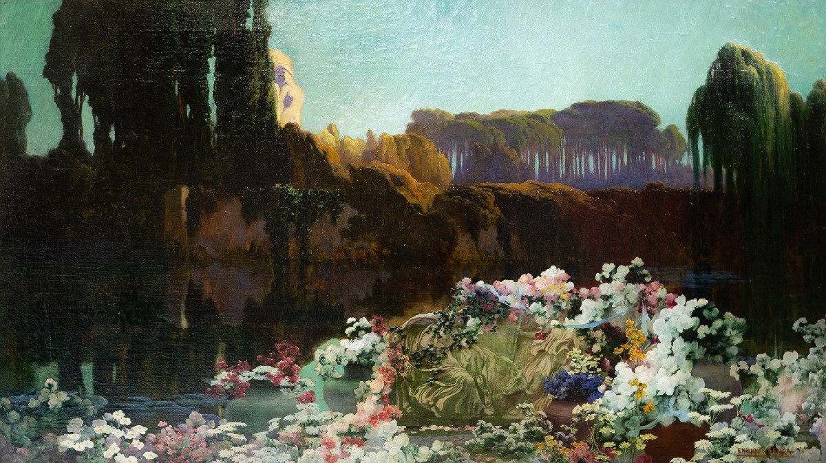 Dipinto olio su tela, "Giardino Romantico", di Enrique Serra, firmato, Fine '800