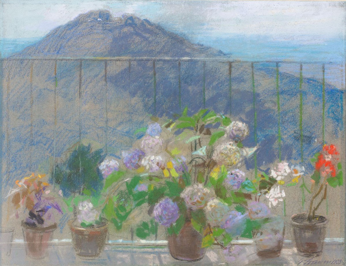 Gessetto su carta, di Gino Piccioni, "Terrazza sulle Alpi biellesi", firmato, 1933