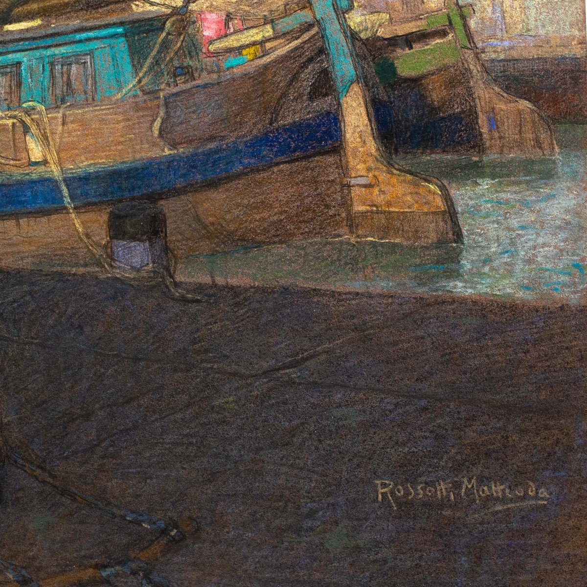 Pastello su carta, di A. Matteoda Rossotti "Barche sul canale", firmato, fine '800-photo-3