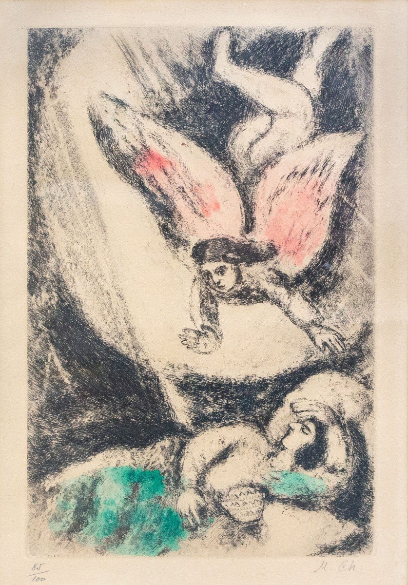 Acquaforte a colori, “La visione di Salomone”, di Marc Chagall, firmato, 1956, 85/100