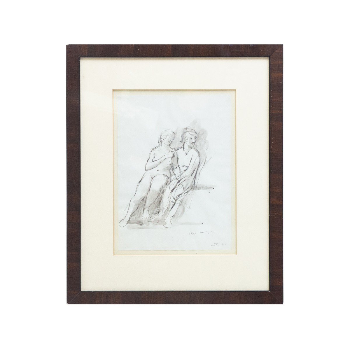 Inchiostro acquerellato su carta, “Studio per le due sorelle”, di Giacomo Manzù, firmato, 1943-photo-2