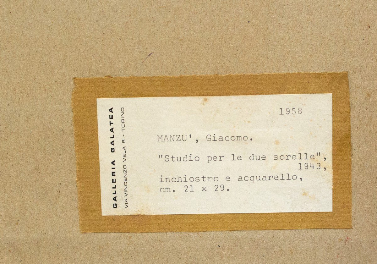 Inchiostro acquerellato su carta, “Studio per le due sorelle”, di Giacomo Manzù, firmato, 1943-photo-4