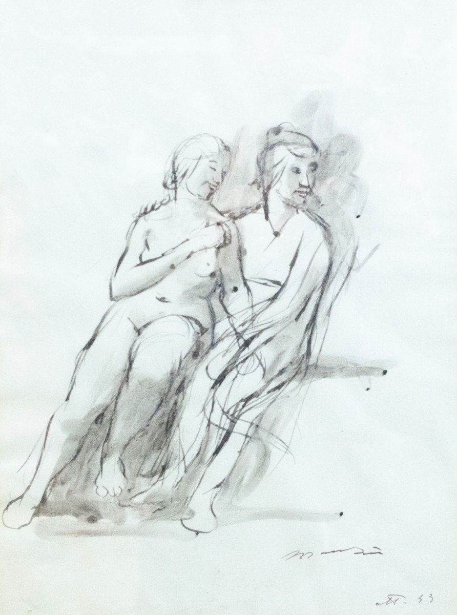 Inchiostro acquerellato su carta, “Studio per le due sorelle”, di Giacomo Manzù, firmato, 1943