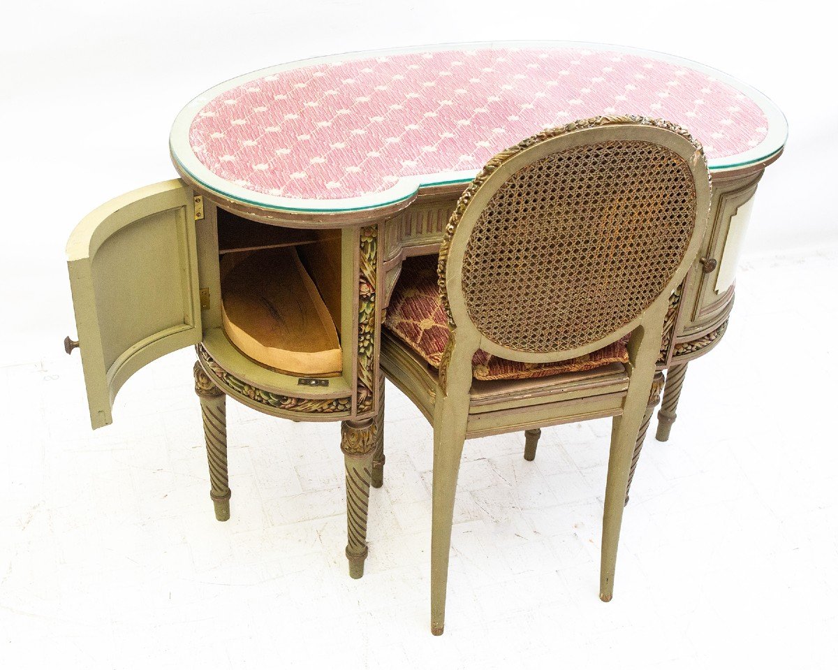 Toeletta in Stile Luigi XVI con sedia, in legno intagliato e decorato, Primi '900-photo-1