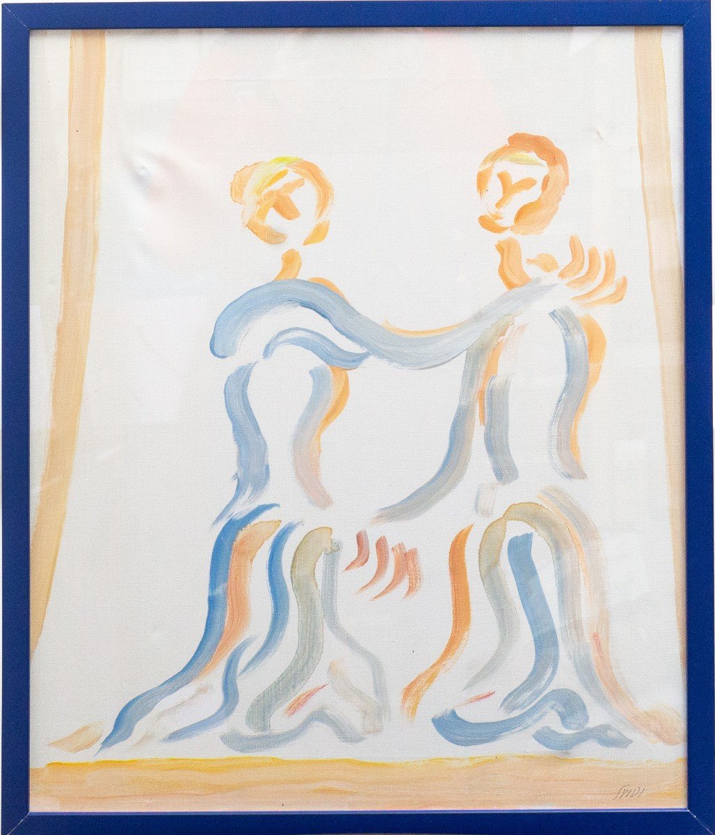 Olio su tela, "Incontro", di Virgilio Guidi, Anni '60-photo-4