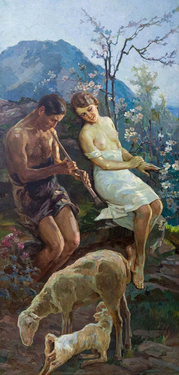 Coppia di grandi dipinti , olio su tela, di Gino Piccioni, "Alla sorgente", "Idillio", 1930-photo-2