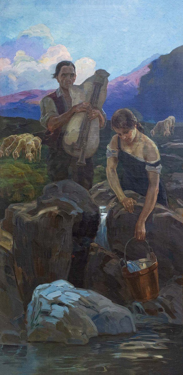 Coppia di grandi dipinti , olio su tela, di Gino Piccioni, "Alla sorgente", "Idillio", 1930-photo-3