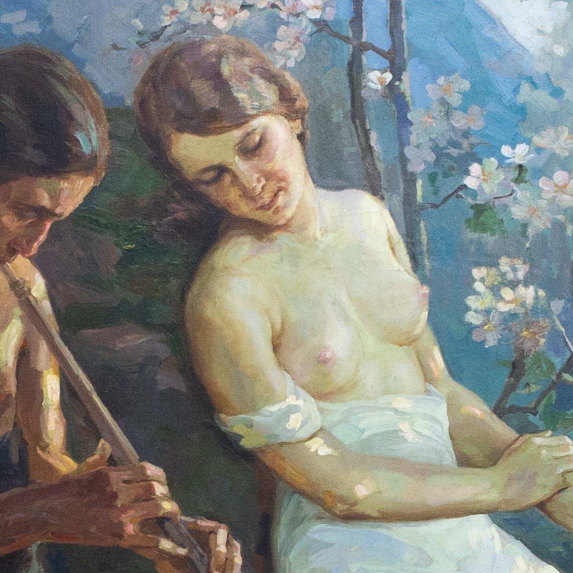 Coppia di grandi dipinti , olio su tela, di Gino Piccioni, "Alla sorgente", "Idillio", 1930-photo-1