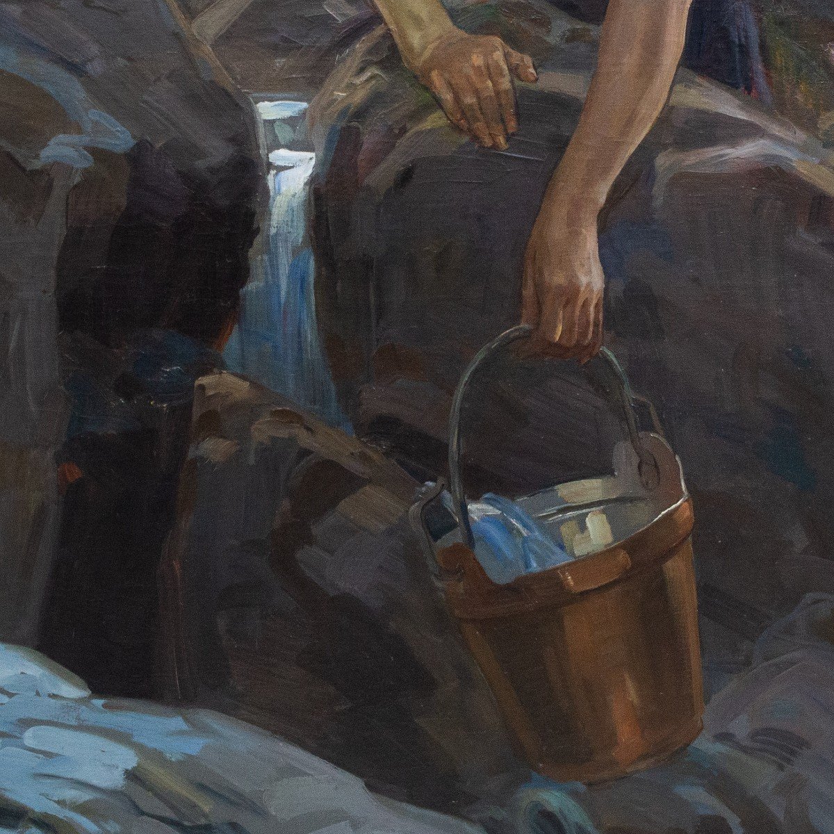 Coppia di grandi dipinti , olio su tela, di Gino Piccioni, "Alla sorgente", "Idillio", 1930-photo-4