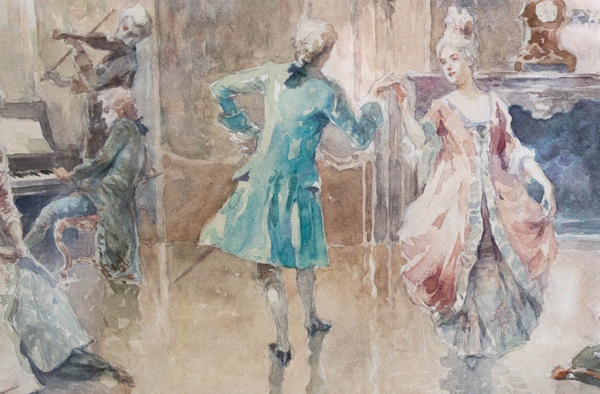 Acquerello su carta, di G. Battista Carpanetto,"Danze Settecentesche", 1909, firmato-photo-4