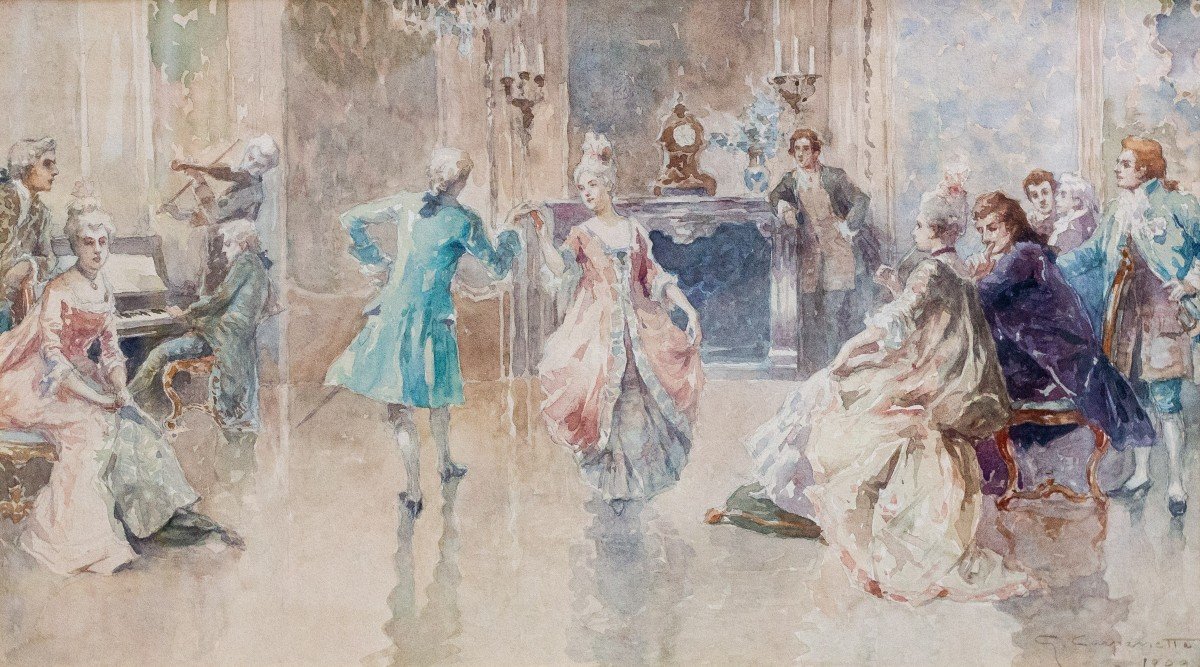 Acquerello su carta, di G. Battista Carpanetto,"Danze Settecentesche", 1909, firmato