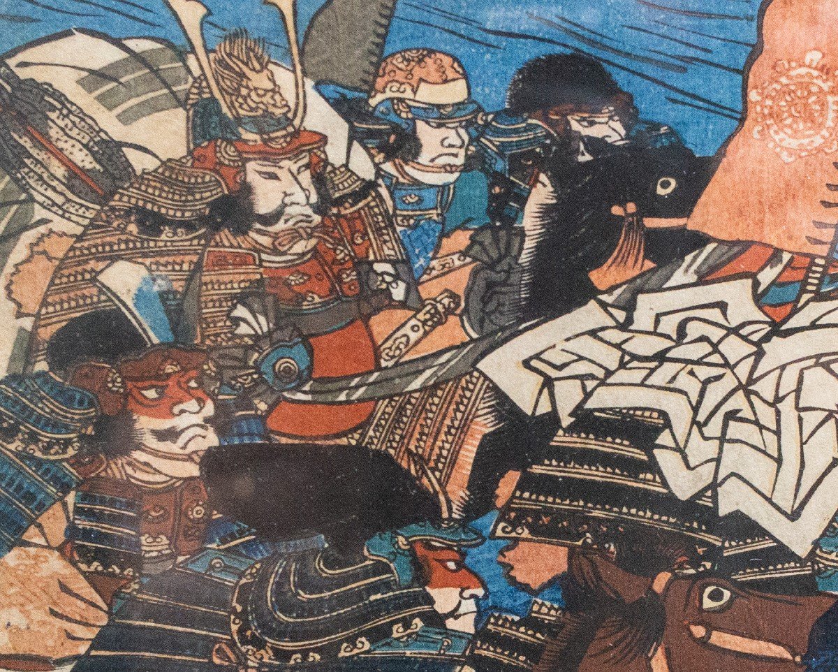 Silografia policroma su carta washi, Ujigawaô-kassen La battaglia degli Uji River 1839-photo-3