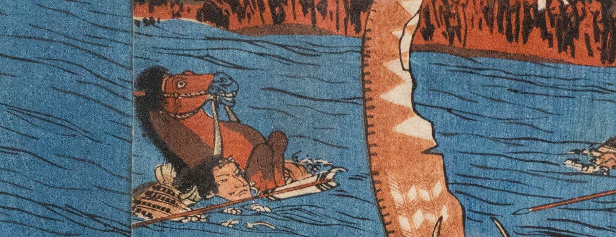 Silografia policroma su carta washi, Ujigawaô-kassen La battaglia degli Uji River 1839-photo-1